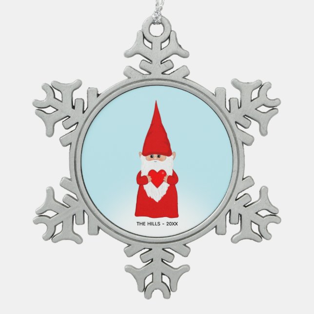 Christmas Gnome Holding a Heart on Light Blue Snowflake Pewter Christmas Ornament (Front)