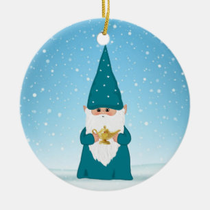 Christmas Gnome Holding a Magic Lamp Ceramic Tree Decoration
