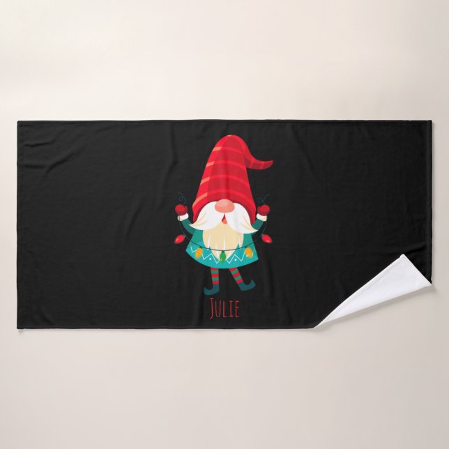Christmas Gnome Holding Christmas Lights Bath Towel (Bath Towel)