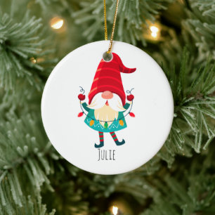 Christmas Gnome Holding Christmas Lights Ceramic Tree Decoration