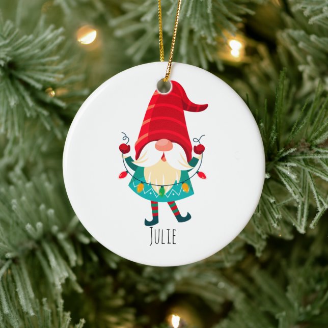 Christmas Gnome Holding Christmas Lights Ceramic Tree Decoration (Tree)