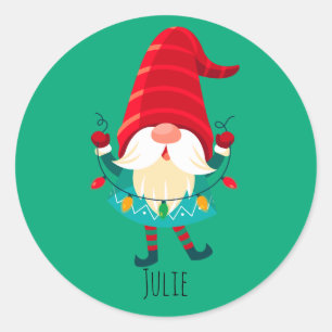 Christmas Gnome Holding Christmas Lights Classic Round Sticker