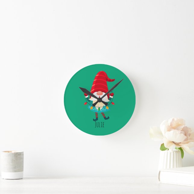 Christmas Gnome Holding Christmas Lights Round Clock (Home)