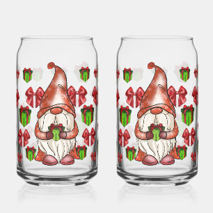 Christmas Gnome Holding Gift   Festive Can Glass