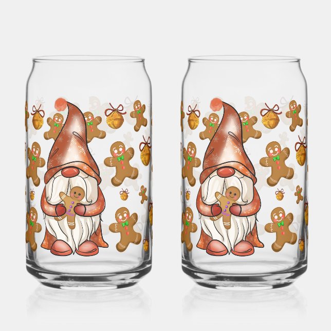 Christmas Gnome Holding Gingerbread Men | Festive Can Glass (Left)