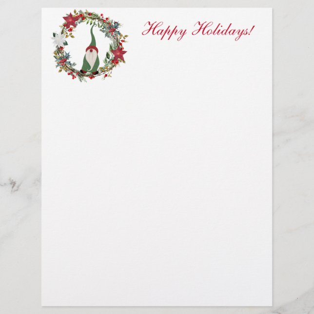 Christmas Gnome in a Wreath Stationery Paper Custom Letterhead (Front)