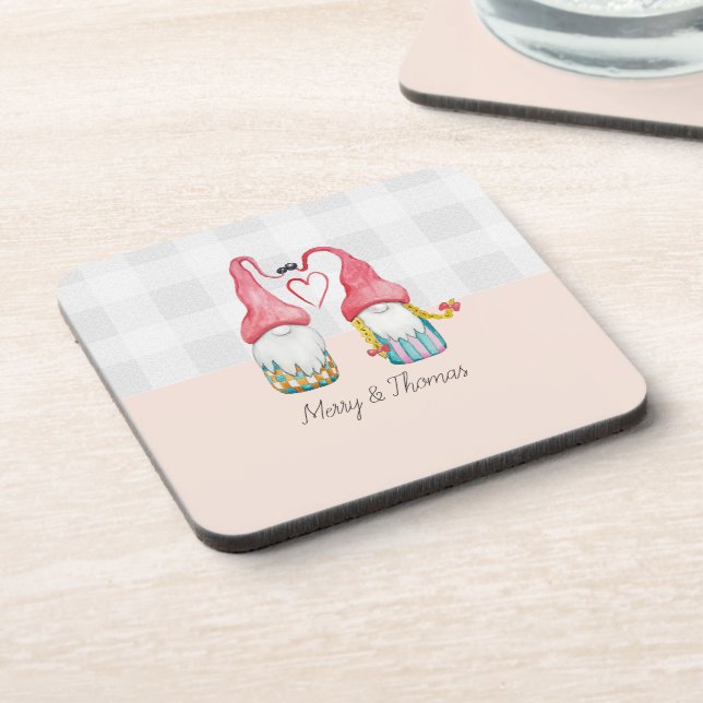 Christmas Gnome In Love Watercolor Hand-painted Coaster (Left Side)