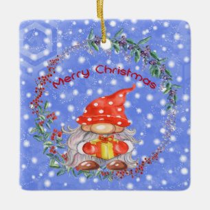 Christmas Gnome in Red Hat & Present Ceramic Ornam Ornament