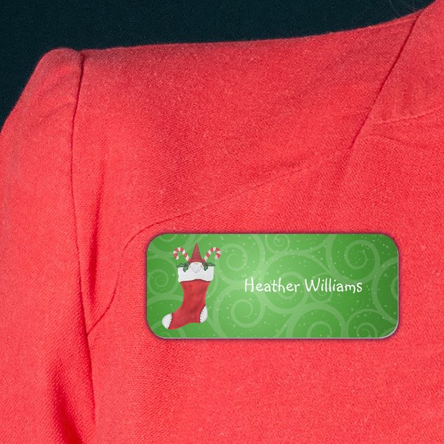 Christmas Gnome in Red Stocking Holly Candy Canes Name Tag (Creator Uploaded)