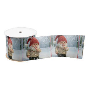 Christmas Gnome In Snowflakes With Candy Cane  Satin Ribbon