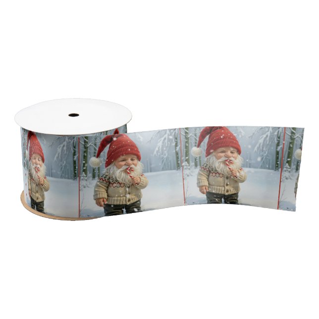 Christmas Gnome In Snowflakes With Candy Cane  Satin Ribbon (Spool)