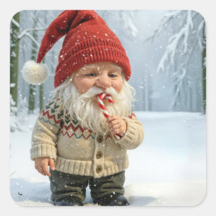 Christmas Gnome In Snowflakes With Candy Cane  Square Sticker