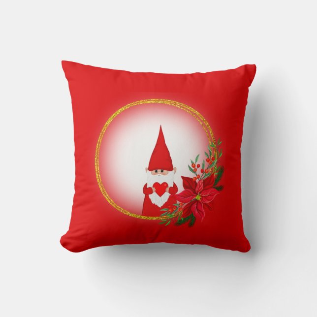 Christmas Gnome on Red Throw Pillow (Front)