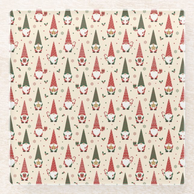Christmas Gnome Party Pattern Glass Coaster (Front)