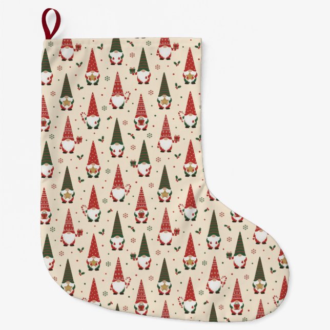 Christmas Gnome Party Pattern Large Christmas Stocking (Front)