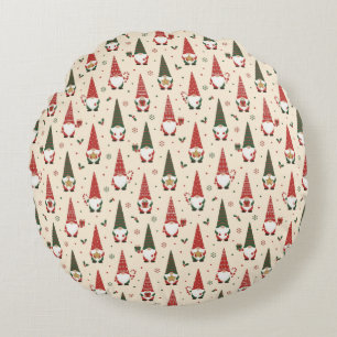 Christmas Gnome Party Pattern Round Cushion