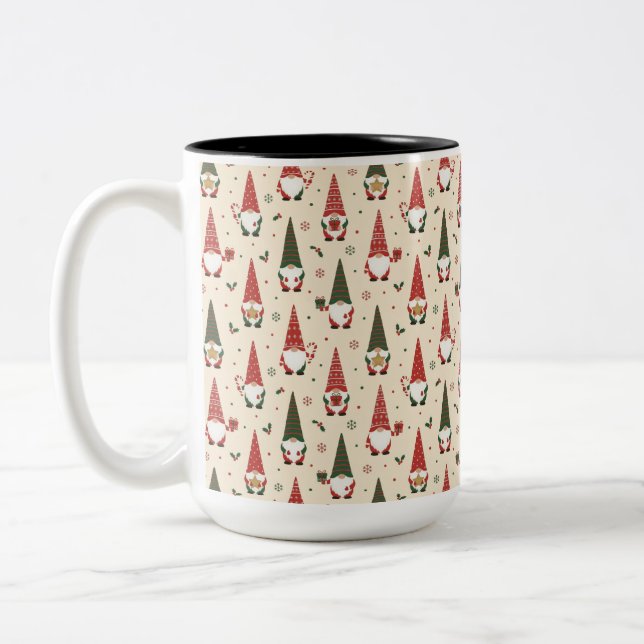Christmas Gnome Party Pattern Two-Tone Coffee Mug (Left)