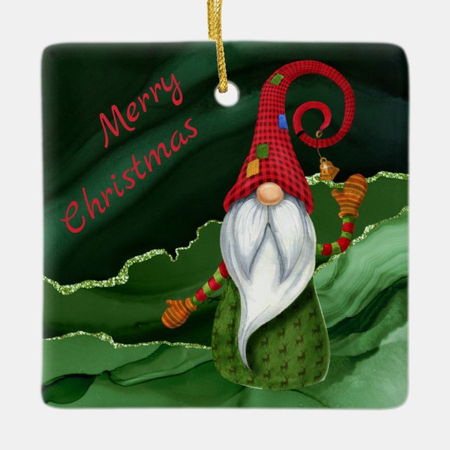 Christmas Gnome Red and Green Gemstone Rustic Glam Ceramic Ornament (Front)