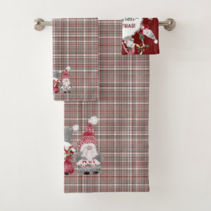 Christmas Gnome Red Grey Plaid Love Joy Peace Bath Towel Set
