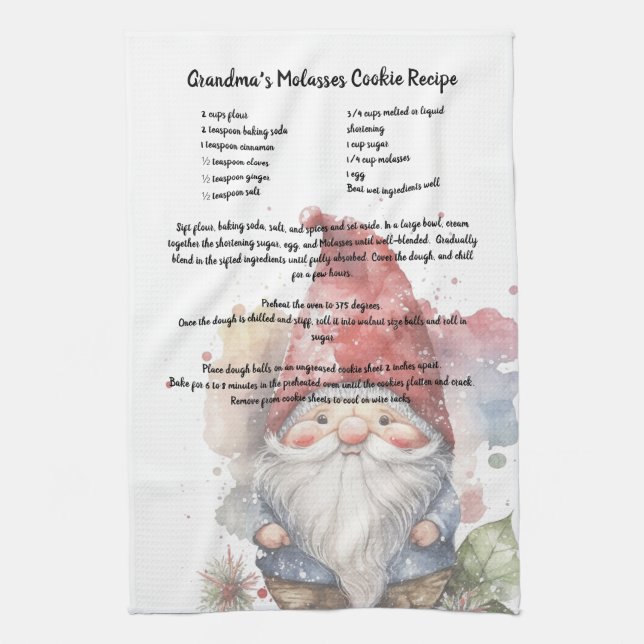 Christmas Gnome Red Hat Watercolor Recipe Tea Towel (Vertical)