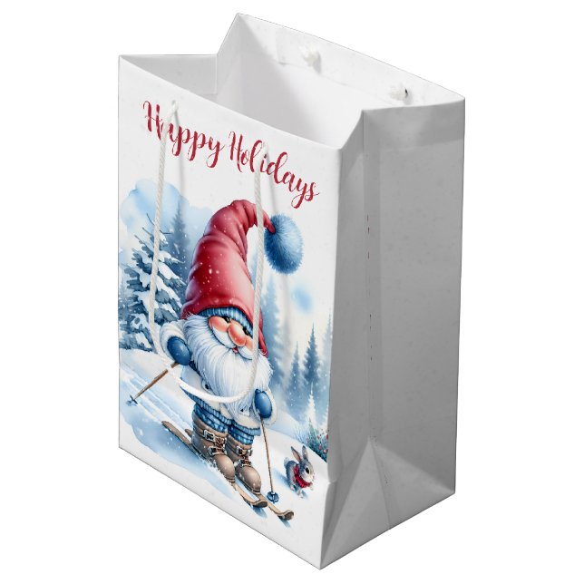 Christmas Gnome Skiing With a Bunny Medium Gift Bag (Front Angled)