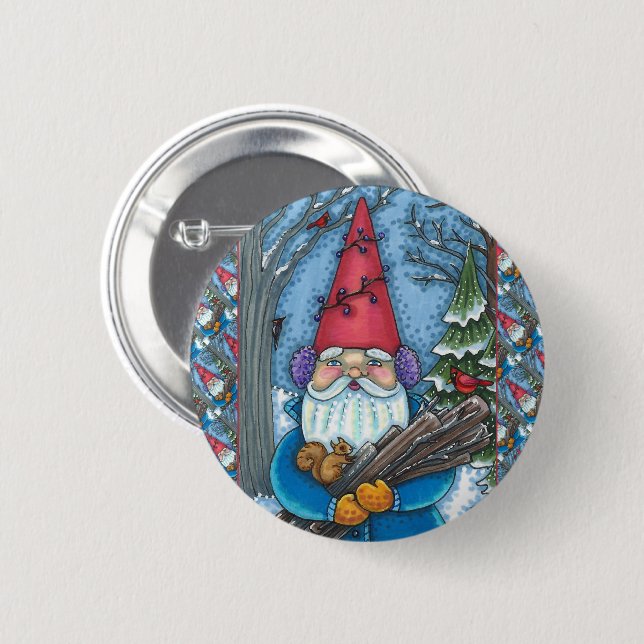 CHRISTMAS GNOME, SQUIRREL, WOODPECKER & CARDINAL 6 CM ROUND BADGE (Front & Back)