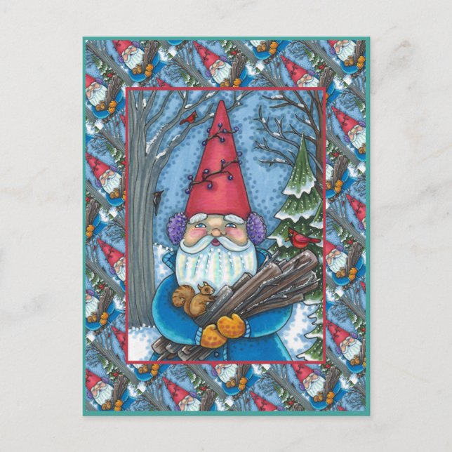 CHRISTMAS GNOME, SQUIRREL, WOODPECKER & CARDINAL HOLIDAY POSTCARD (Front)