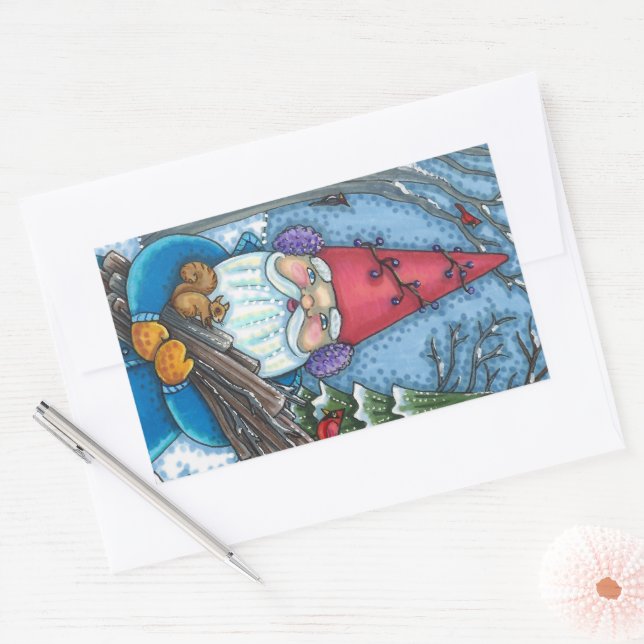 CHRISTMAS GNOME, SQUIRREL, WOODPECKER & CARDINAL RECTANGULAR STICKER (Envelope)