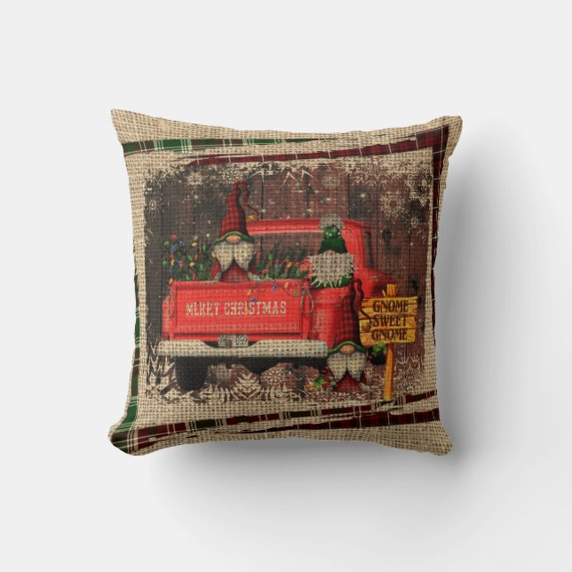Christmas Gnome Sweet Gnome Red Truck Plaid Cushion (Front)