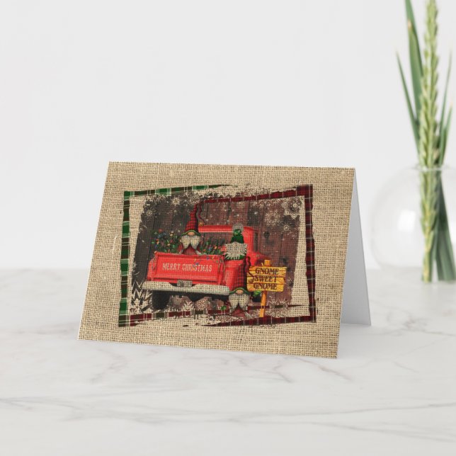 Christmas Gnome Sweet Gnome Red Truck Plaid Rustic Card (Front)