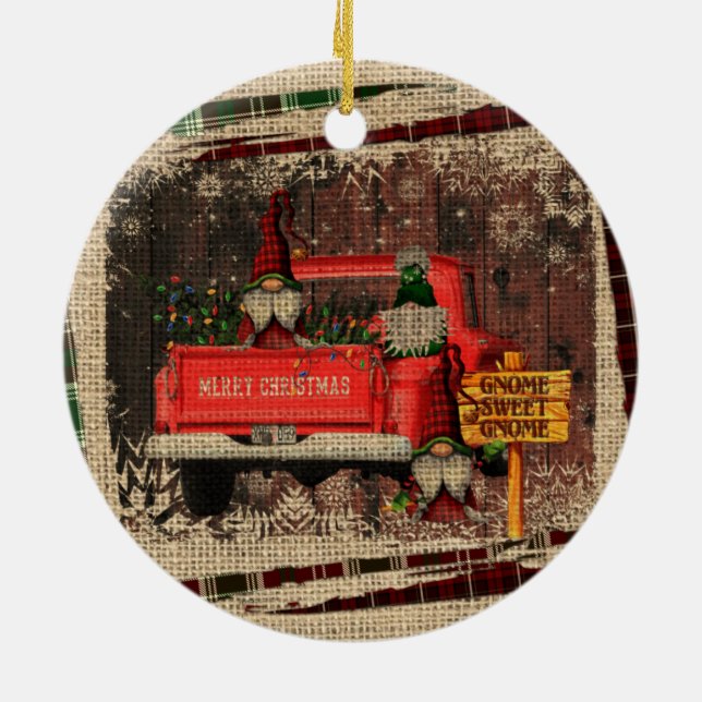 Christmas Gnome Sweet Gnome Red Truck Plaid Rustic Ceramic Tree Decoration (Back)