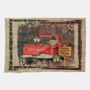 Christmas Gnome Sweet Gnome Red Truck Plaid Rustic Tea Towel
