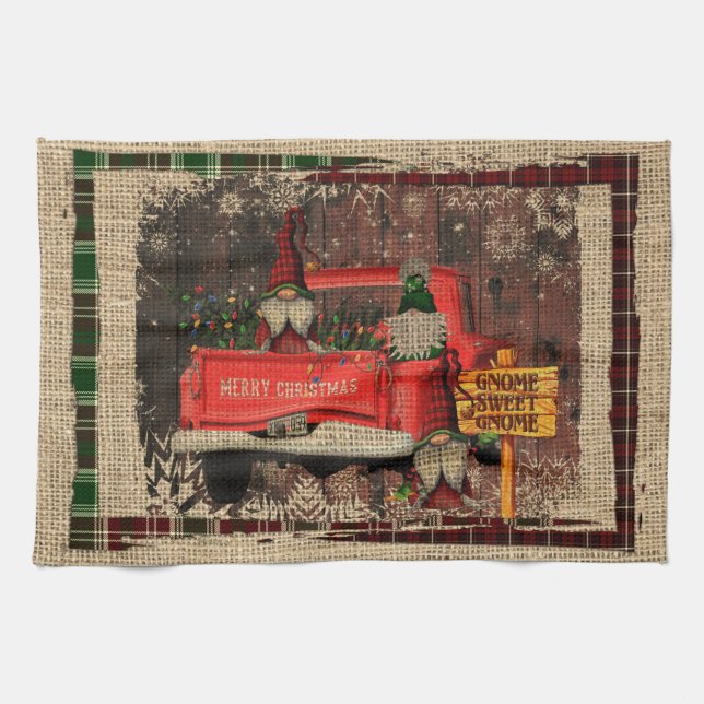 Christmas Gnome Sweet Gnome Red Truck Plaid Rustic Tea Towel (Horizontal)
