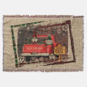 Christmas Gnome Sweet Gnome Red Truck Plaid Rustic Throw Blanket