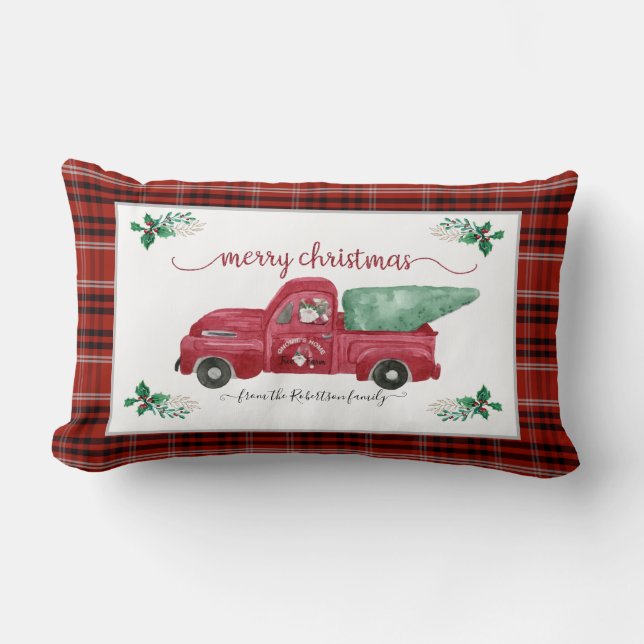 Christmas Gnome Tree Farm Red Truck Plaid Lumbar Cushion (Front)