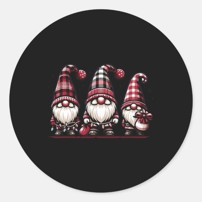Christmas Gnome Trio Buffalo Check Plaid Hats Xmas Classic Round Sticker (Front)