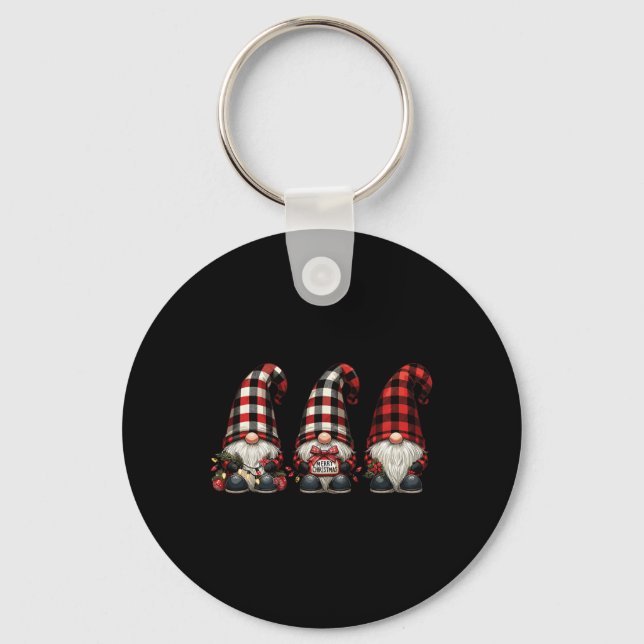Christmas Gnome Trio Buffalo Check Plaid Hats Xmas Key Ring (Front)