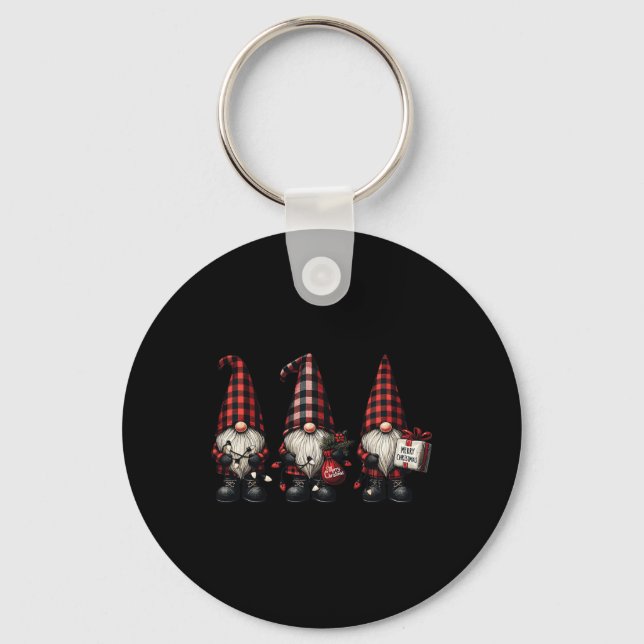 Christmas Gnome Trio Buffalo Check Plaid Hats Xmas Key Ring (Front)