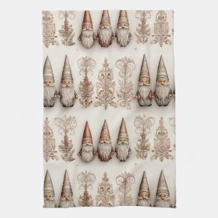 Christmas Gnome Vintage Watercolor Holiday Pattern Tea Towel