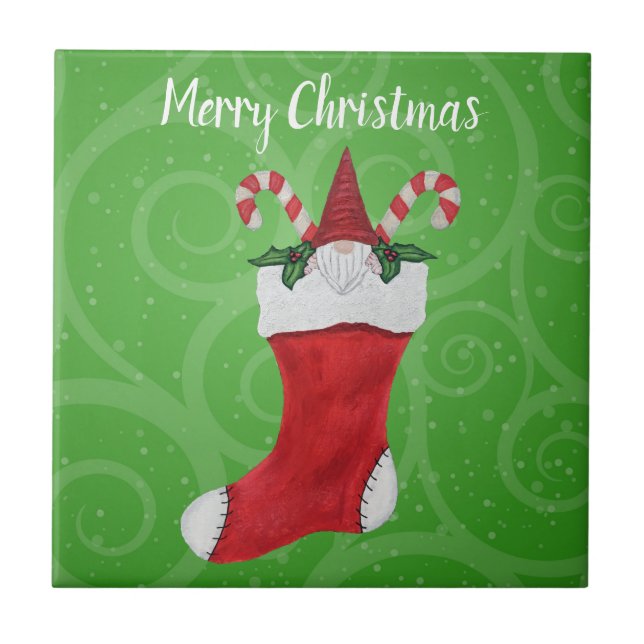 Christmas Gnome With Beard in Stocking Candy Canes Tile (Front)