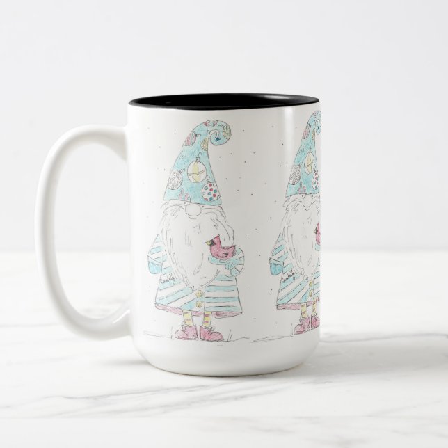 Christmas gnome with cardinal Two-Tone coffee mug (Left)