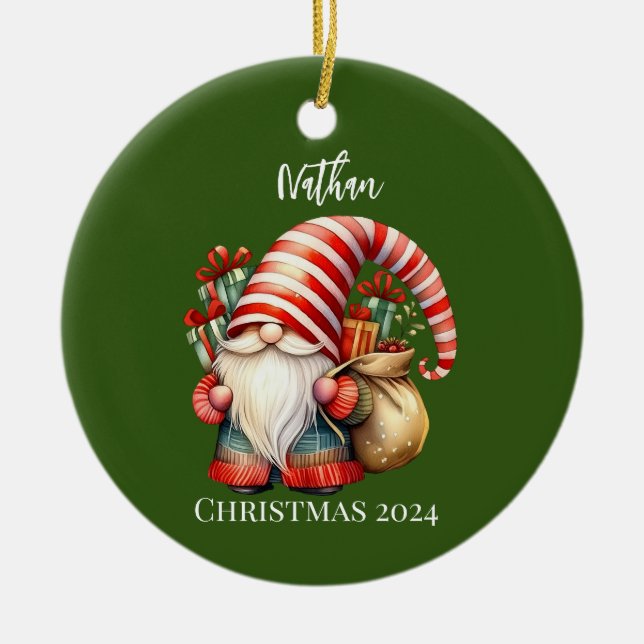 Christmas Gnome with Gifts Personalised Ornament  (Front)