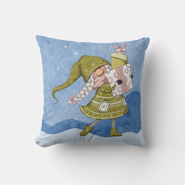 Christmas Gnome with Gifts Throw Pillow (Front)