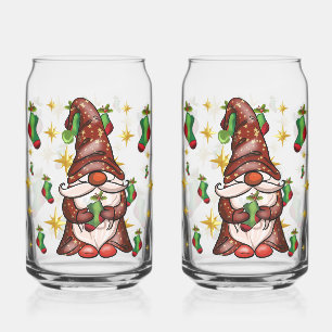 Christmas Gnome with Green Stockings & Gold Stars Can Glass