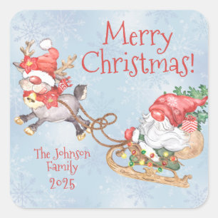 Christmas Gnome with Reindeer Cute Personalised Square Sticker