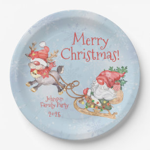 Christmas Gnome with Reindeer Personalised Party Paper Plate