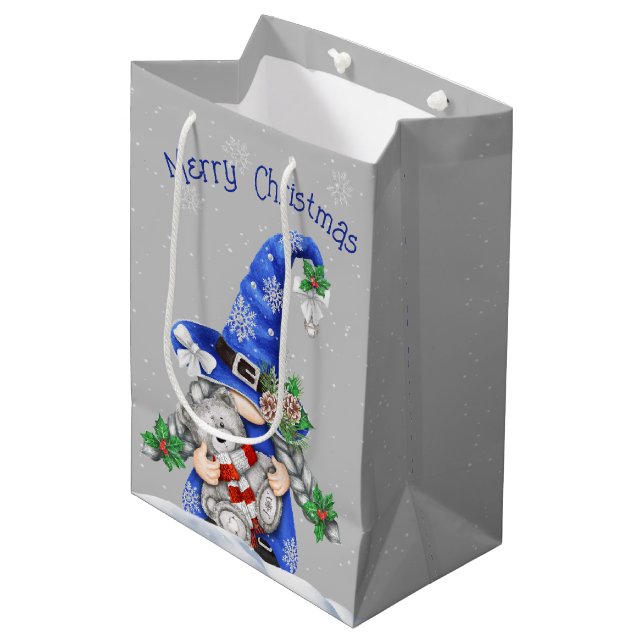 Christmas Gnome with Teddy Bear    Medium Gift Bag (Front Angled)