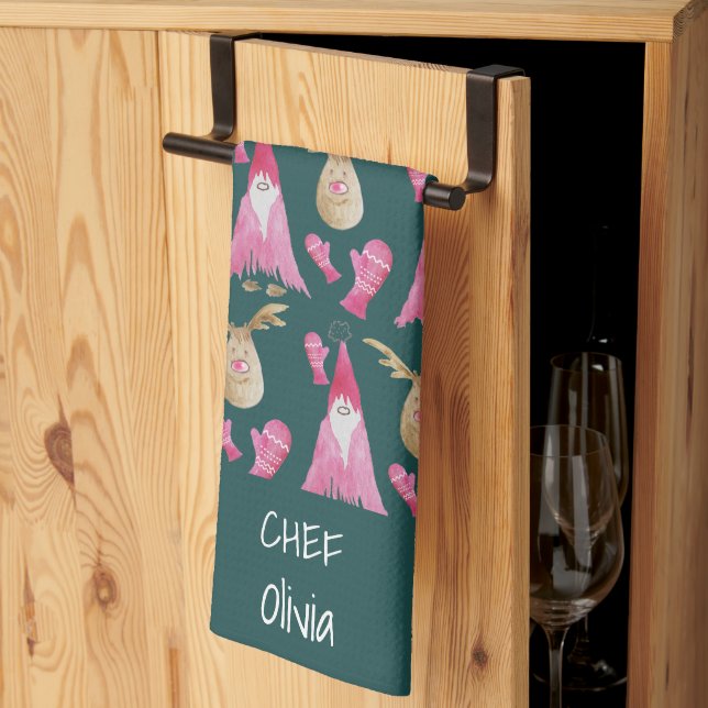 Christmas Gnomes And Reindeers With Gloves Tea Towel (Thirds Fold)