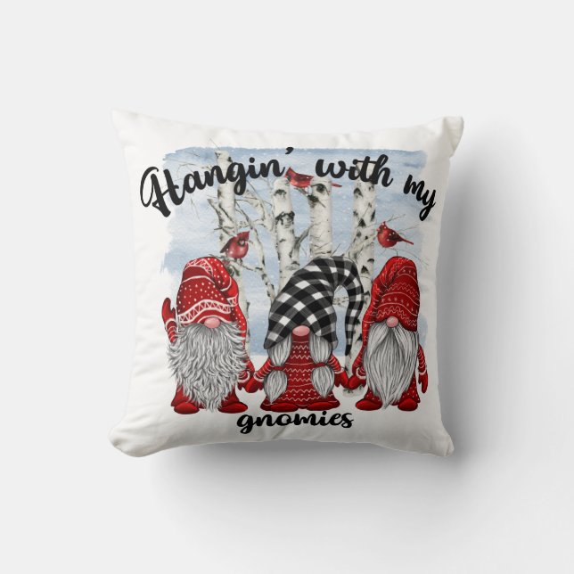 Christmas Gnomes Cardinal Birds Birch Watercolor Cushion (Front)