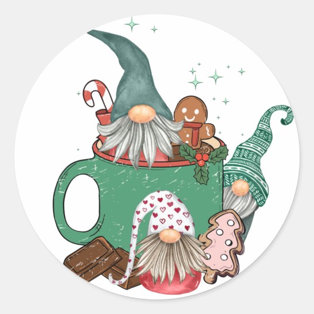 Christmas Gnomes & Cocoa Classic Round Sticker (Front)